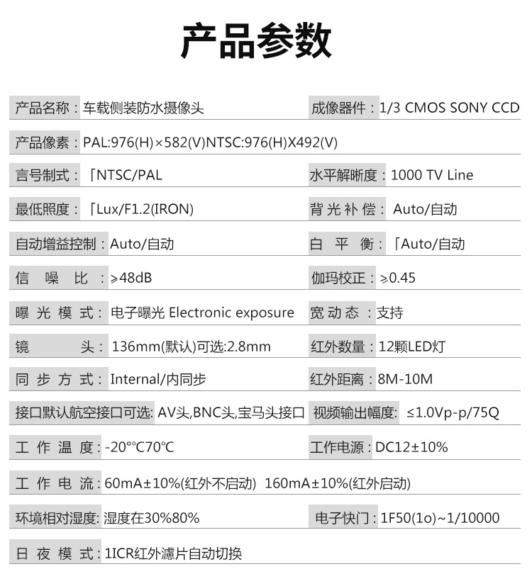 车载侧装摄像头参数